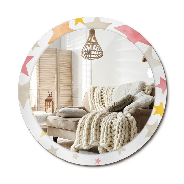 Kerek Tükör Nyomtatással, Decormat, Pasztell Csillagok, Fehér, Ø90 cm, Nappaliba És Szobába, 010090550120300054082