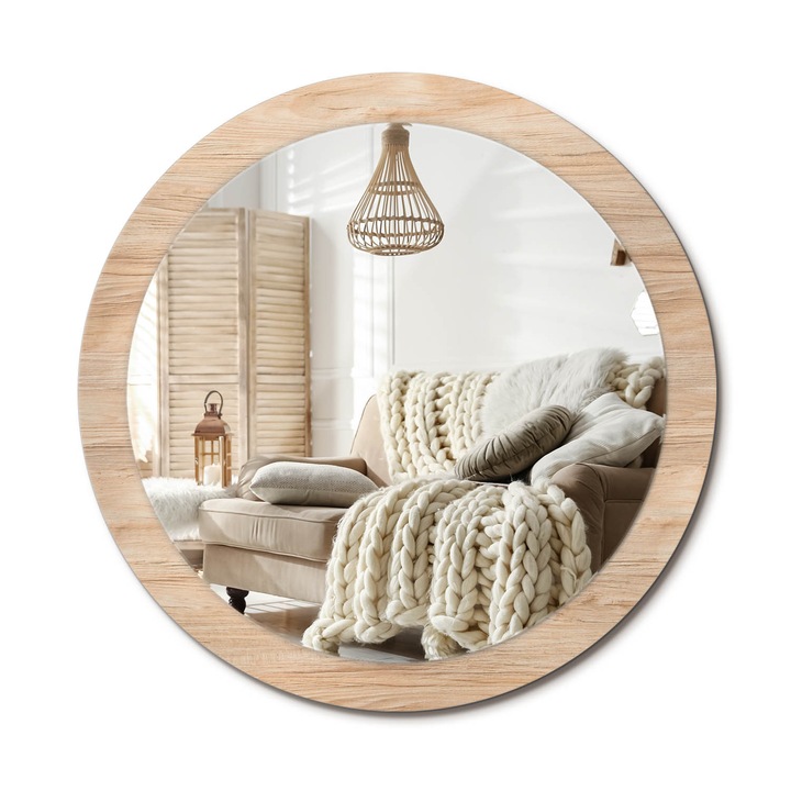 Kerek Fali Tükör Grafikával, Decormat, Faipari, Bézs, Ø90 cm, Különleges Kiegészítő Szobába, 010090550120300053716