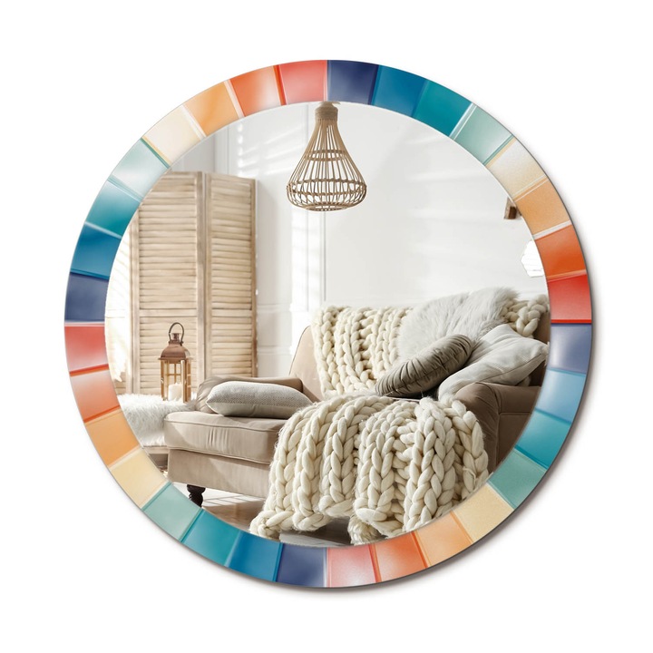 Kerek Tükör Grafikával, Decormat, Színes Sugarak Csempe, Többszínű, Ø90 cm, Sminkeléshez És Borotválkozáshoz, 010090550120300072658