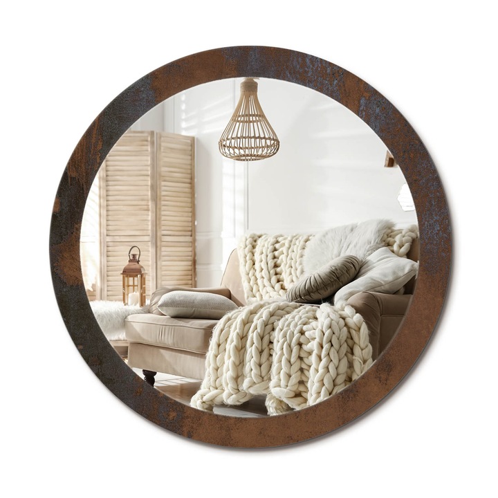 Kör Alakú Fali Tükör Nyomtatással, Decormat, Rusztikus Metál, Barna, Ø90 cm, Lakásdíszítő Fali Tükör, 010090550120300053928