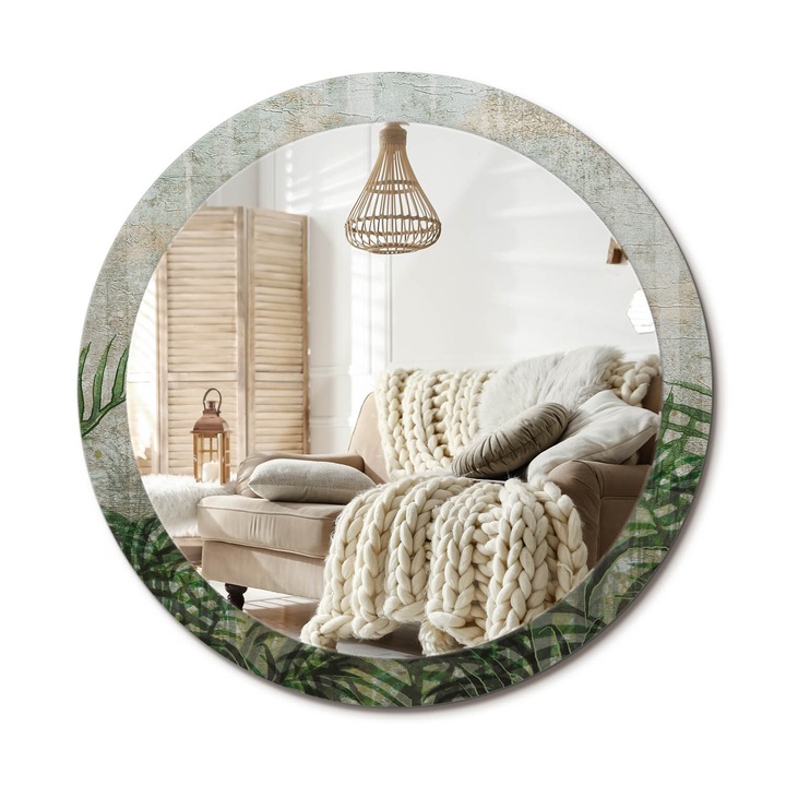 Kerek Tükör Nyomtatással, Decormat, Páfránylevelek, Zöld, Ø90 cm, Nappaliba És Szobába, 010090550120300052985
