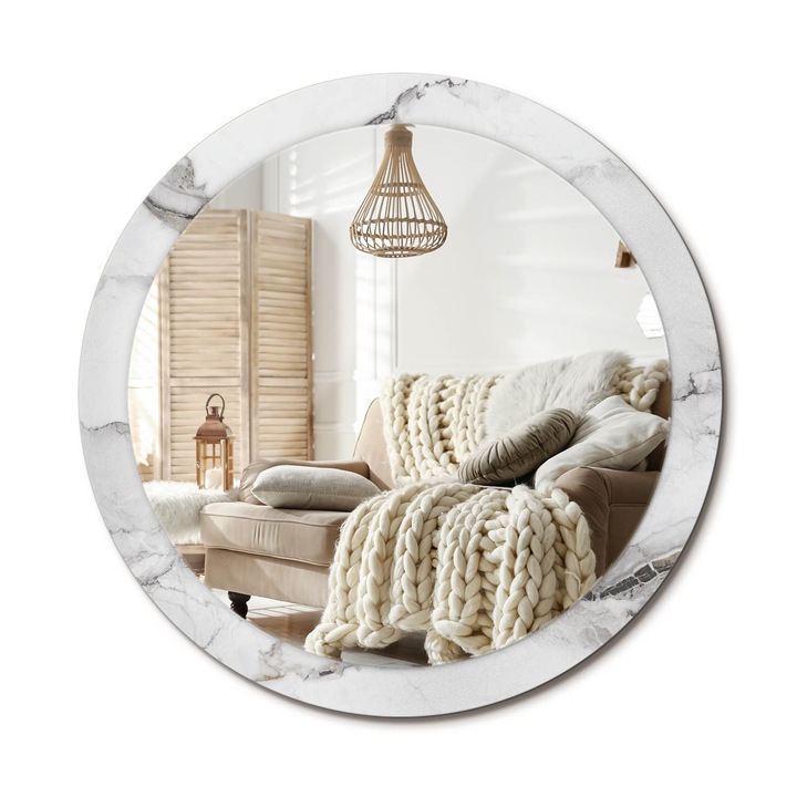 Kerek Fali Tükör Nyomtatott Mintával, Decormat, Fehér Márvány, Fehér, Ø90 cm, Nappali Szoba Díszítésére, 010090550120300053841