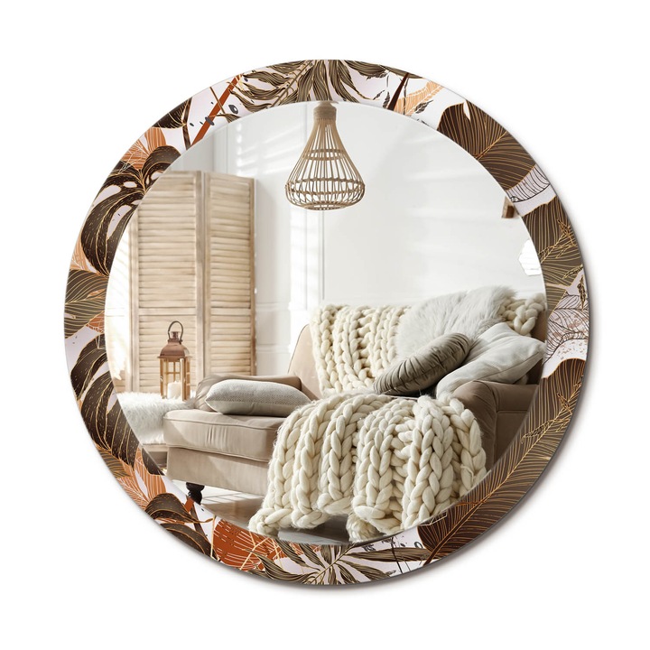 Kör Tükör Grafikai Mintával, Decormat, Pálmalevelek, Barna, Ø90 cm, Előszobába És Folyosóra, 010090550120300053946