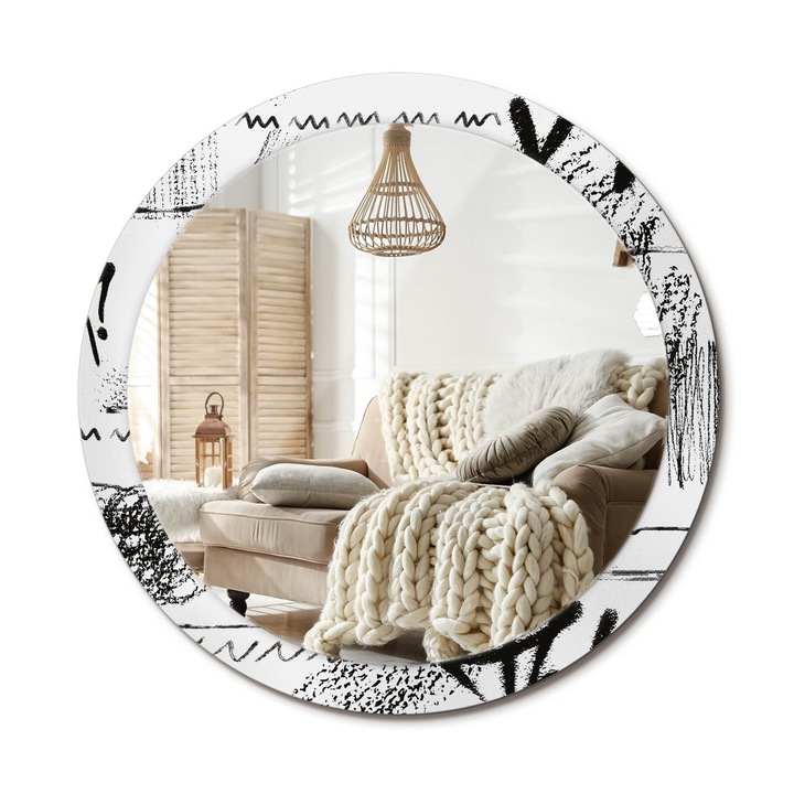 Kör Tükör Nyomtatott Mintával, Decormat, Graffiti Minta, Fekete és fehér, Ø90 cm, Fésülködőasztalhoz És Gardróbba, 010090550120300054092