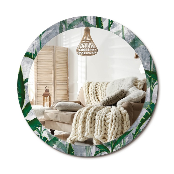 Kerek Fali Tükör Grafikával, Decormat, Trópusi Levelek, Krémszín, Ø90 cm, Különleges Kiegészítő Szobába, 010090550120300053962