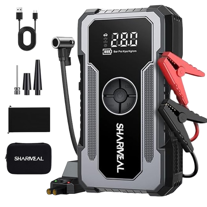 Starter Auto Portabil cu Compresor de Aer 2000A, Redresor baterie robot pornire auto, Jump starter booster de 12V, Cabluri inteligente pentru la 7.0L pe benzina si 6.5L diesel, SHARMEAL