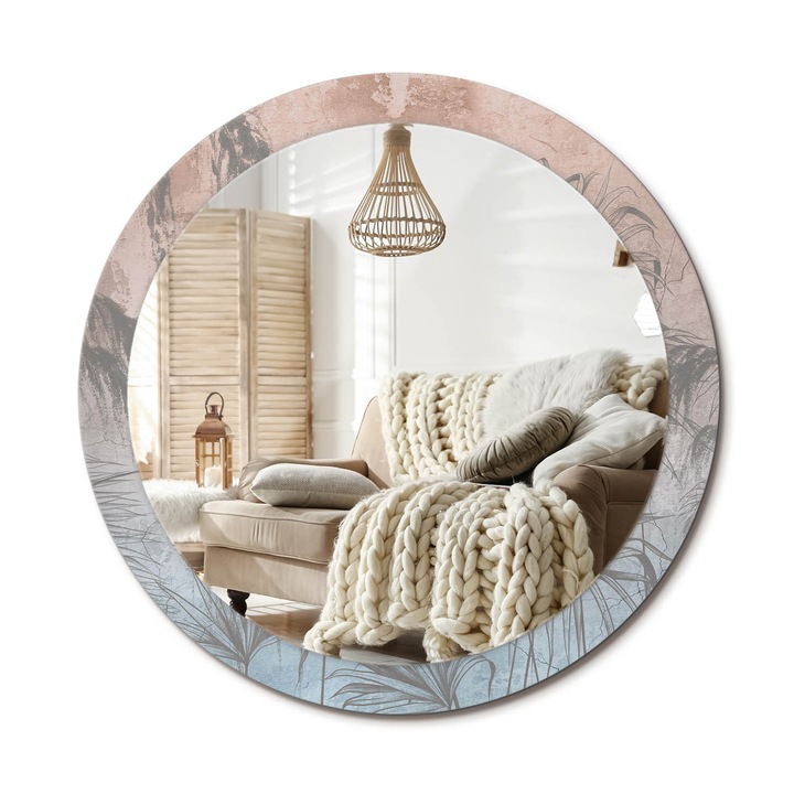 Kör Alakú Fali Tükör Nyomtatással, Decormat, Trópusi Virágok, Rózsaszín, Ø90 cm, Lakásdíszítő Fali Tükör, 010090550120300053945