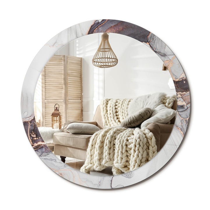 Kerek Fali Tükör Nyomtatott Mintával, Decormat, Absztrakt Márvány, Fehér, Ø90 cm, Nappali Szoba Díszítésére, 010090550120300053837