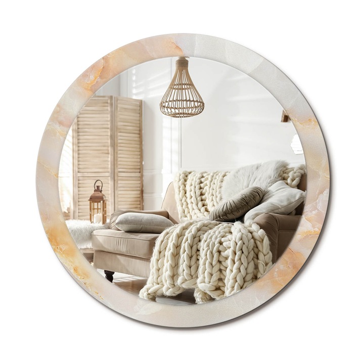 Kör Alakú Tükör Mintával, Decormat, Ónix Márvány, Bézs, Ø90 cm, Stílusos Fali Dekoráció, 010090550120300053864