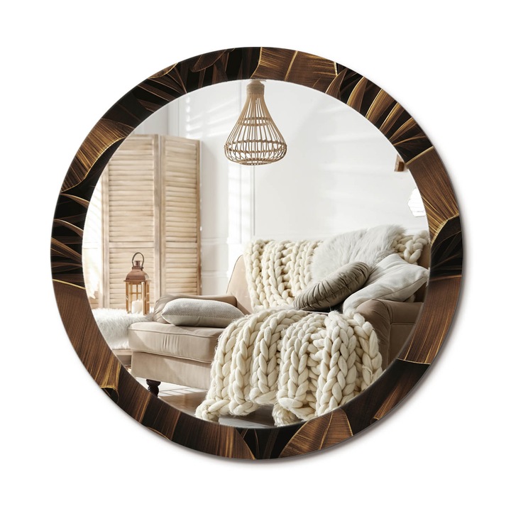 Kerek Fali Tükör Grafikával, Decormat, Barna Banánlevelek, Barna, Ø90 cm, Különleges Kiegészítő Szobába, 010090550120300054020