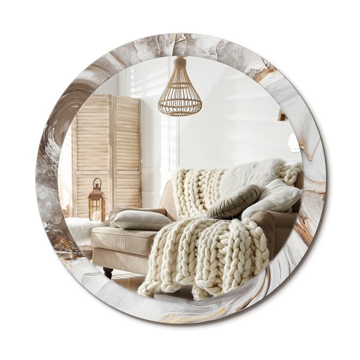 Kör Tükör Grafikai Mintával, Decormat, Világos Márvány, Aranyszín, Ø90 cm, Előszobába És Folyosóra, 010090550120300053856