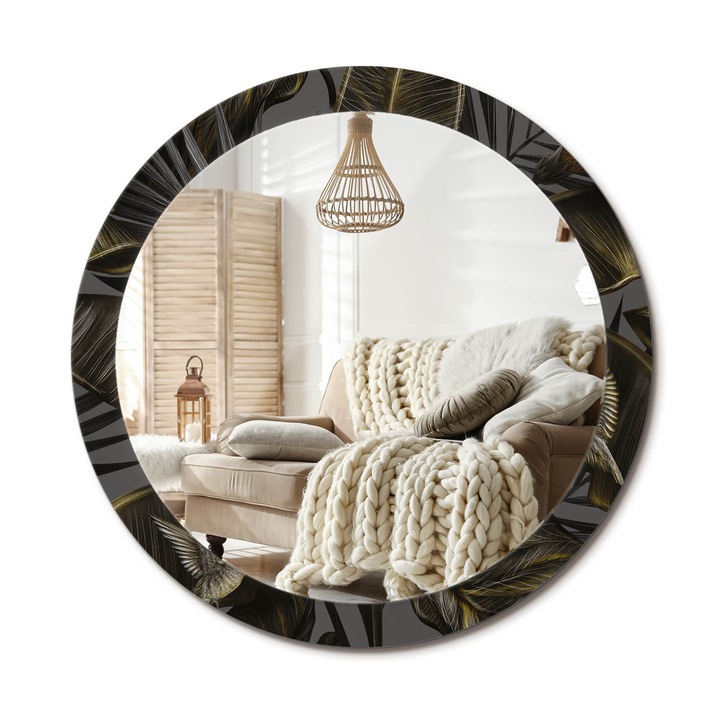 Kerek Tükör Kerettel És Nyomtatott Mintával, Decormat, Hibiszkusz Virágok, Fekete, Ø90 cm, Beltéri Dekorációs Elem, 010090550120300053999