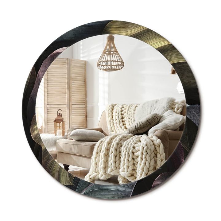 Kerek Tükör Grafikával, Decormat, Sötét Trópusi Levelek, Fekete, Ø90 cm, Sminkeléshez És Borotválkozáshoz, 010090550120300054019