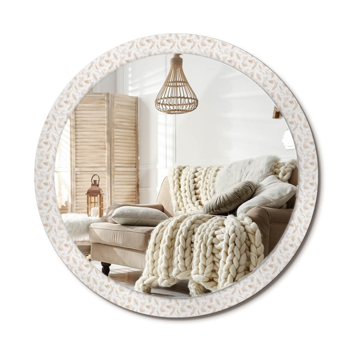 Kerek Fali Tükör Grafikával, Decormat, Madártollak, Krémszín, Ø100 cm, Különleges Kiegészítő Szobába, 010090550130300011102