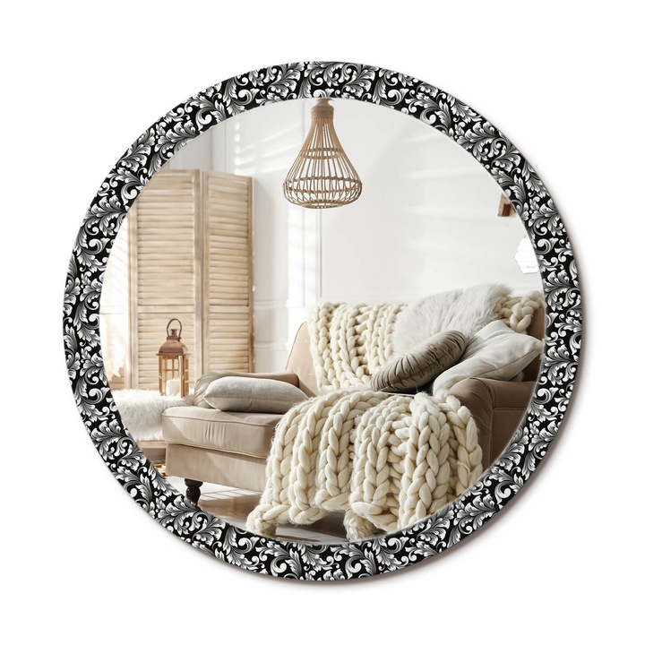Kör Alakú Tükör Mintával, Decormat, Dísz, Fekete és fehér, Ø100 cm, Stílusos Fali Dekoráció, 010090550130300030049