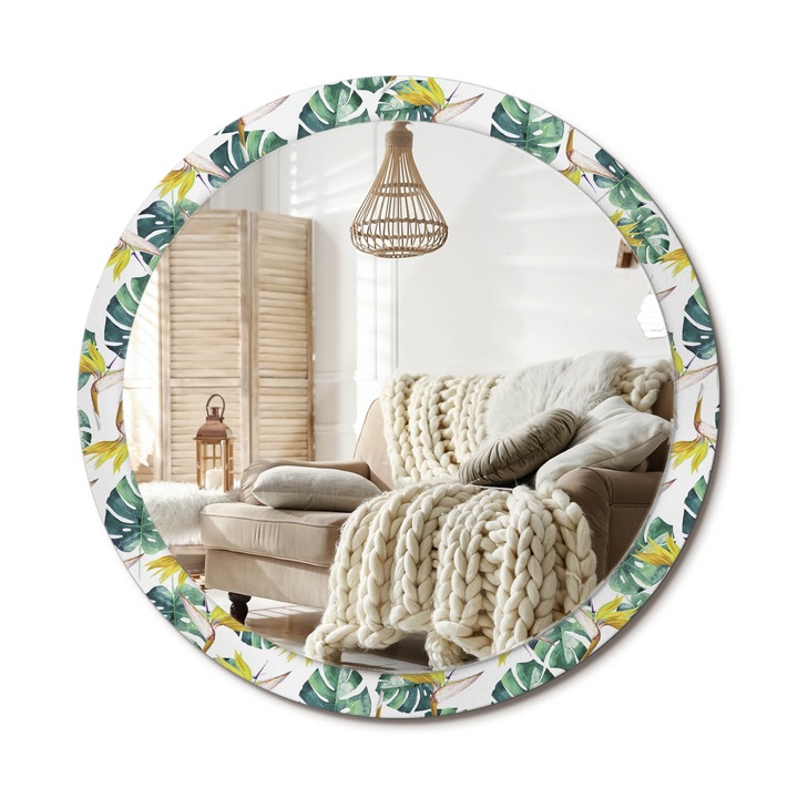 Kerek Tükör Grafikával, Decormat, Trópusi Levelek, Többszínű, Ø100 cm, Sminkeléshez És Borotválkozáshoz, 010090550130300011868