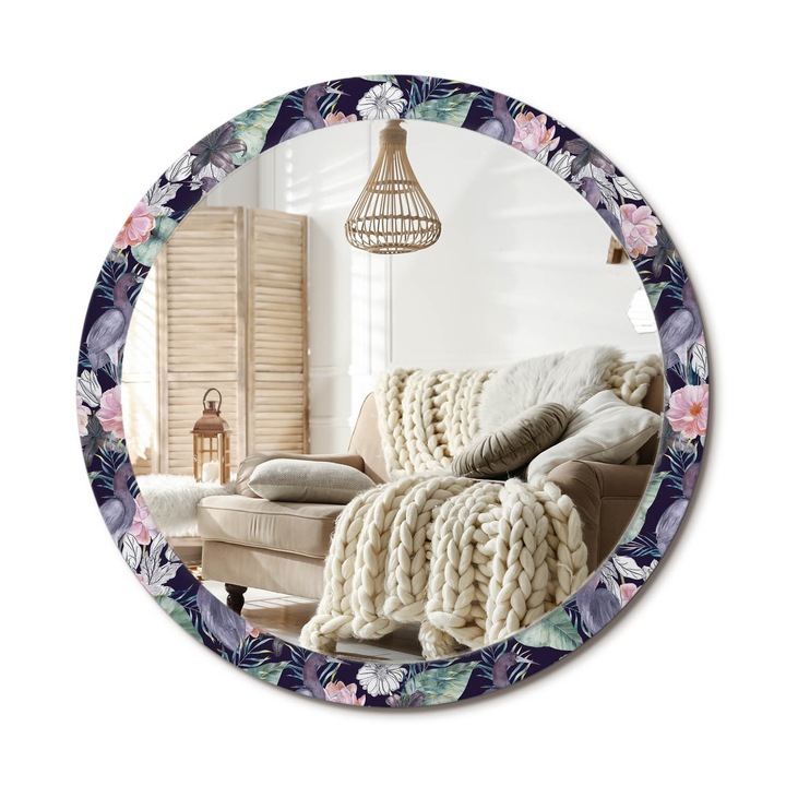 Kerek Fali Tükör Nyomtatott Mintával, Decormat, Gémek Madarak, Többszínű, Ø100 cm, Nappali Szoba Díszítésére, 010090550130300012664