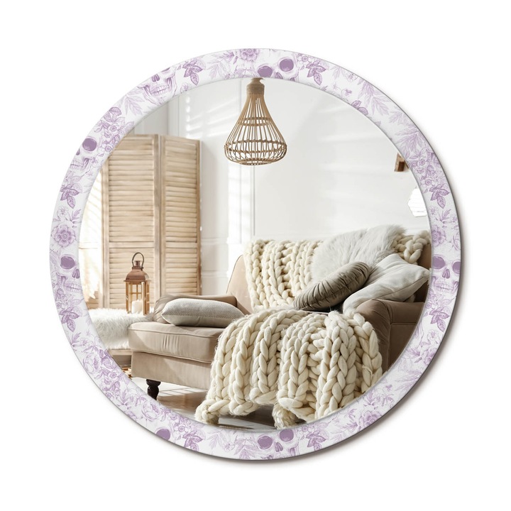 Kerek Tükör Kerettel És Nyomtatott Mintával, Decormat, Koponyák, Lila, Ø100 cm, Beltéri Dekorációs Elem, 010090550130300012549