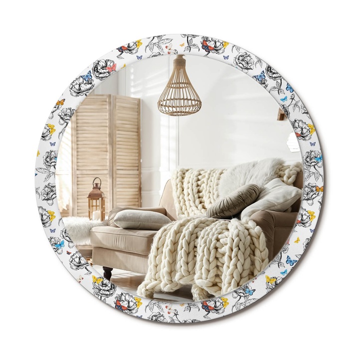 Kerek Tükör Grafikával, Decormat, Színes Pillangók, Többszínű, Ø100 cm, Sminkeléshez És Borotválkozáshoz, 010090550130300011890