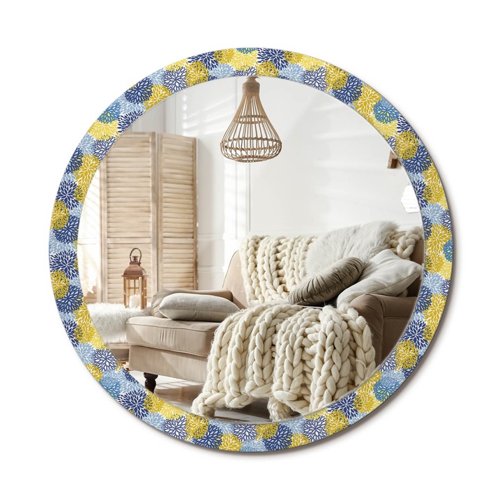 Kör Alakú Tükör Mintával, Decormat, Kék Virágok, Többszínű, Ø100 cm, Stílusos Fali Dekoráció, 010090550130300029902