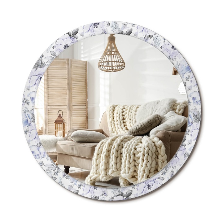 Kerek Fali Tükör Nyomtatott Mintával, Decormat, Kék Rózsák, Fehér, Ø100 cm, Nappali Szoba Díszítésére, 010090550130300010869