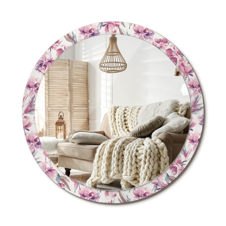 Kerek Tükör Nyomtatással, Decormat, Bazsarózsa Virágok, Lila, Ø100 cm, Nappaliba És Szobába, 010090550130300011432