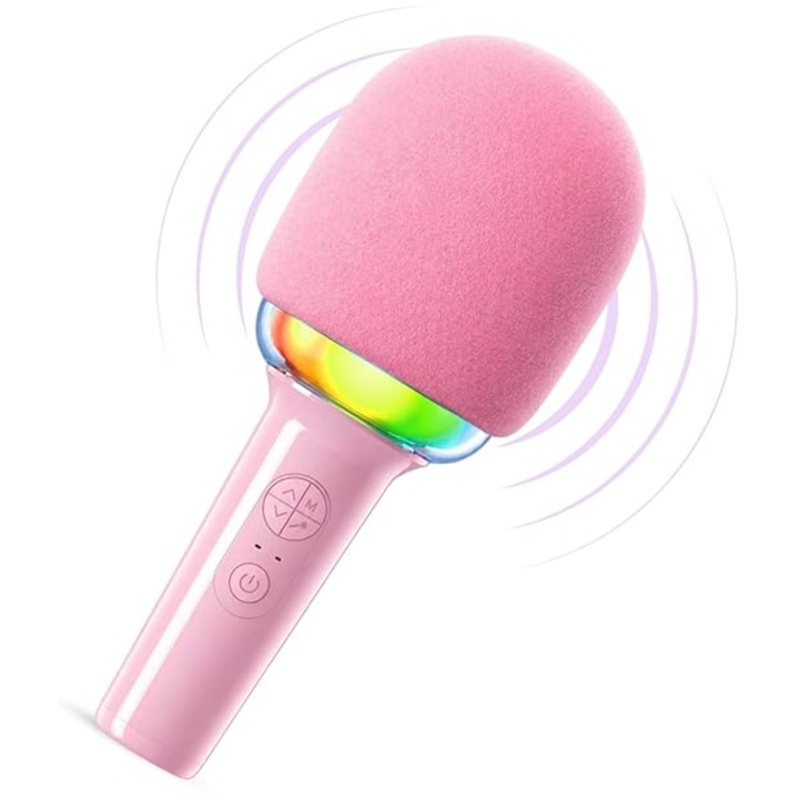 Microfon Karaoke Wireless AjieQaQ®, pentru Copii si Adulti, cu Difuzor Integrat, 4 Efecte de Schimbare a Vocii, Portabil, Bluetooth, Lumini RGB, Spuma Antifonica, Cablu USB-C, Roz
