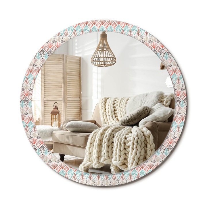 Kerek Tükör Kerettel És Nyomtatott Mintával, Decormat, Etnikai Minta, Többszínű, Ø100 cm, Beltéri Dekorációs Elem, 010090550130300012782