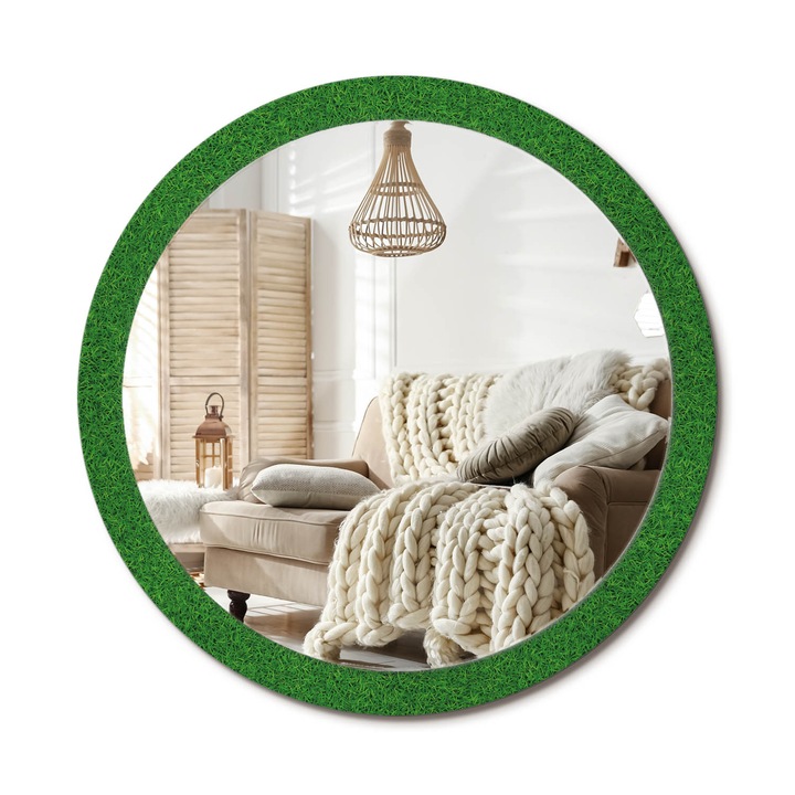 Kerek Tükör Nyomtatással, Decormat, Zöld Fű, Zöld, Ø100 cm, Nappaliba És Szobába, 010090550130300020859