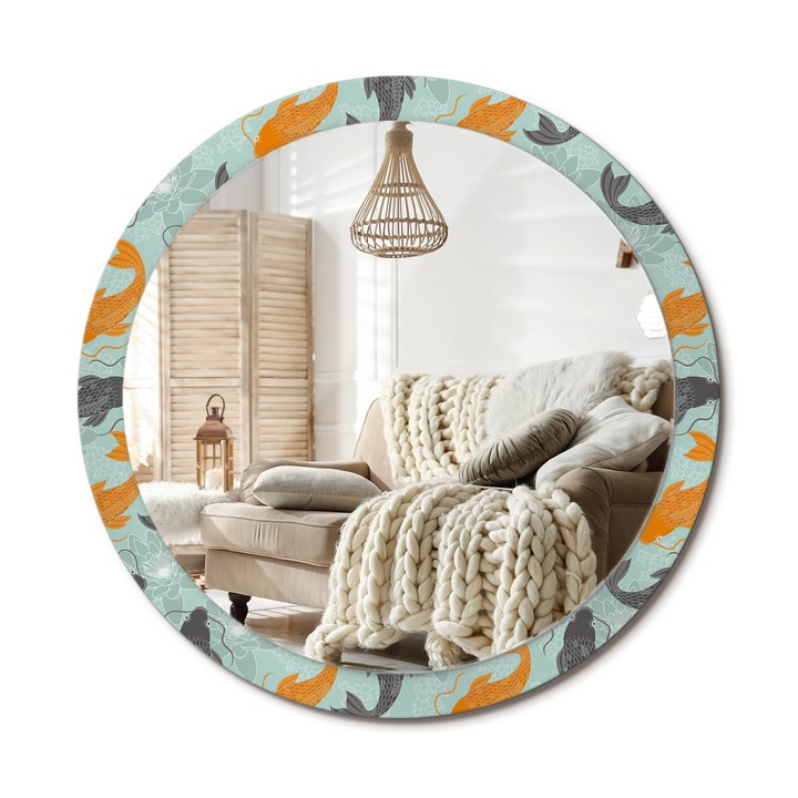 Kerek Tükör Kerettel És Nyomtatott Mintával, Decormat, Koi Ponty, Narancssárga, Ø100 cm, Beltéri Dekorációs Elem, 010090550130300013087