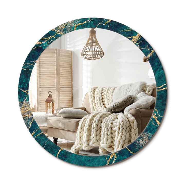 Kerek Fali Tükör Grafikával, Decormat, Szerpentin, Aranyszín, Ø100 cm, Különleges Kiegészítő Szobába, 010090550130300020887