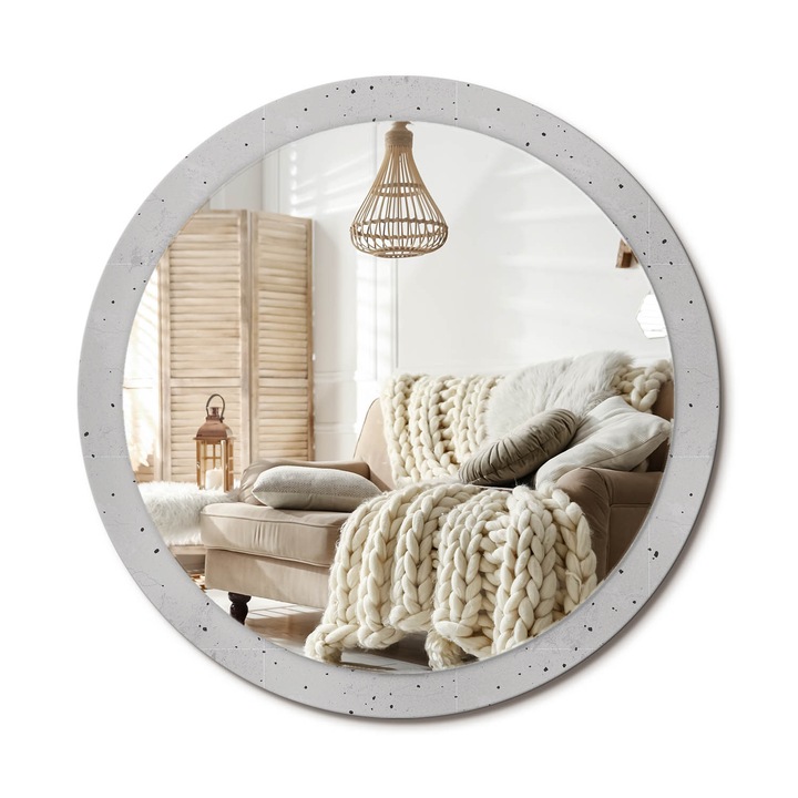 Kerek Tükör Kerettel És Nyomtatott Mintával, Decormat, Beton Textúra, Szürke, Ø100 cm, Beltéri Dekorációs Elem, 010090550130300020867