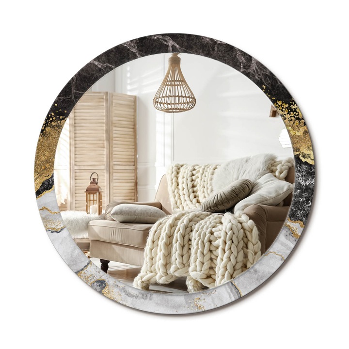 Kerek Tükör Grafikával, Decormat, Márványpadlás, Aranyszín, Ø100 cm, Sminkeléshez És Borotválkozáshoz, 010090550130300020883