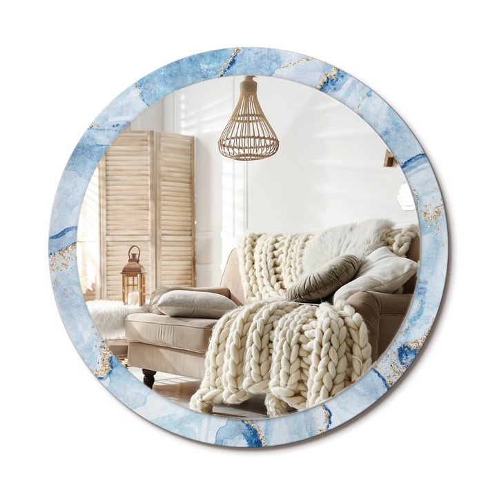 Kör Tükör Grafikai Mintával, Decormat, Kék Márvány, Aranyszín, Ø100 cm, Előszobába És Folyosóra, 010090550130300020891