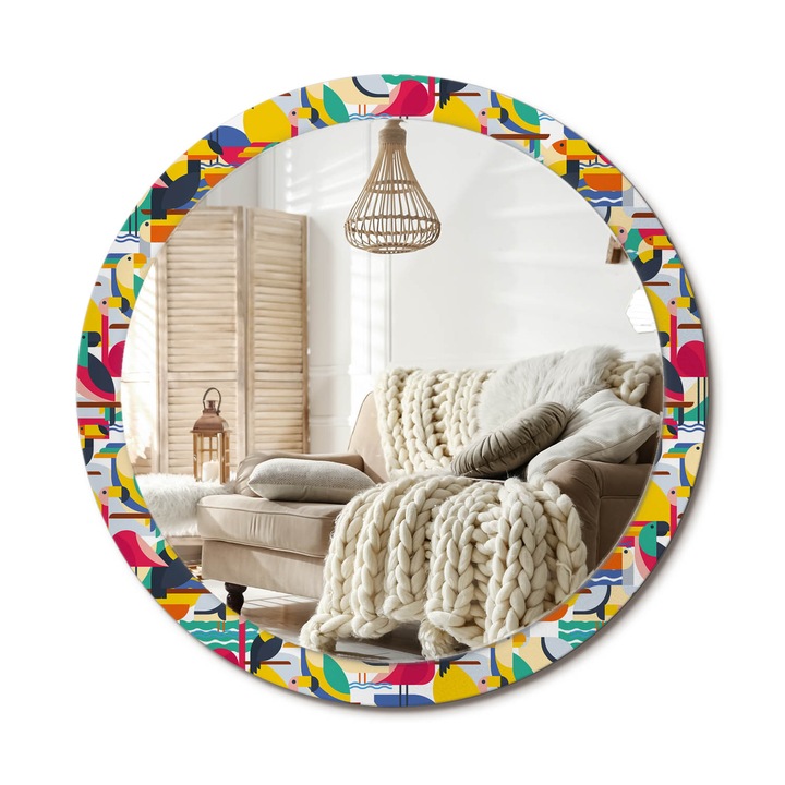 Kör Alakú Fali Tükör Nyomtatással, Decormat, Geometrikus Trópusi Madarak, Többszínű, Ø100 cm, Lakásdíszítő Fali Tükör, 010090550130300072566