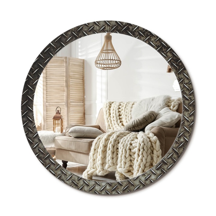 Kerek Tükör Nyomtatással, Decormat, Acél Textúra, Ezüstszín, Ø100 cm, Nappaliba És Szobába, 010090550130300072569