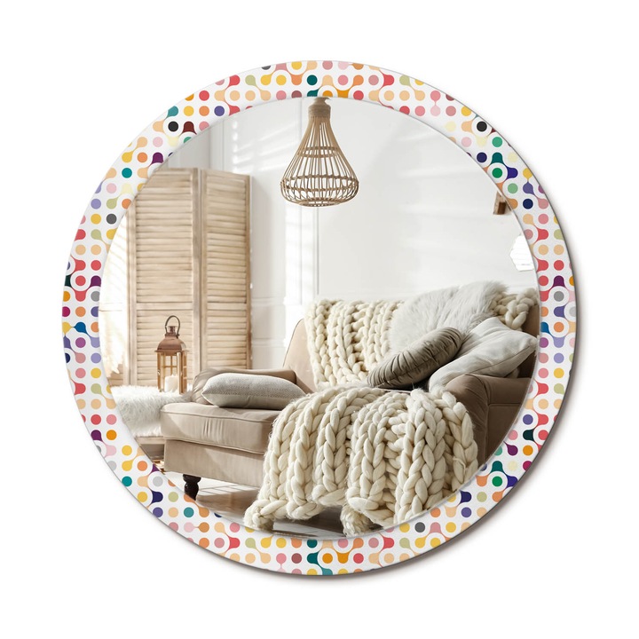 Kerek Fali Tükör Nyomtatott Mintával, Decormat, Pop-Art Pöttyök, Többszínű, Ø100 cm, Nappali Szoba Díszítésére, 010090550130300072577