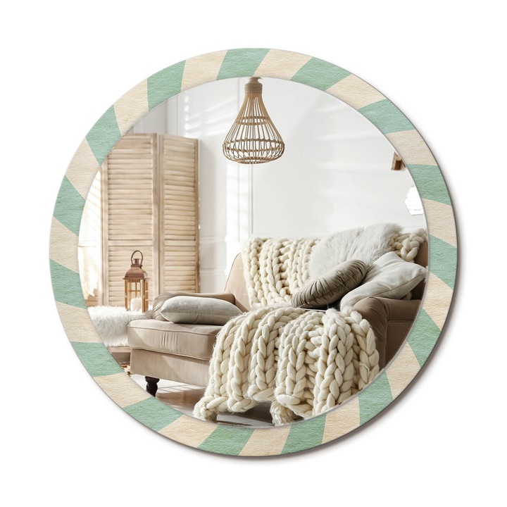 Kerek Tükör Grafikával, Decormat, Retro Pasztell Minta, Krémszín, Ø100 cm, Sminkeléshez És Borotválkozáshoz, 010090550130300072579