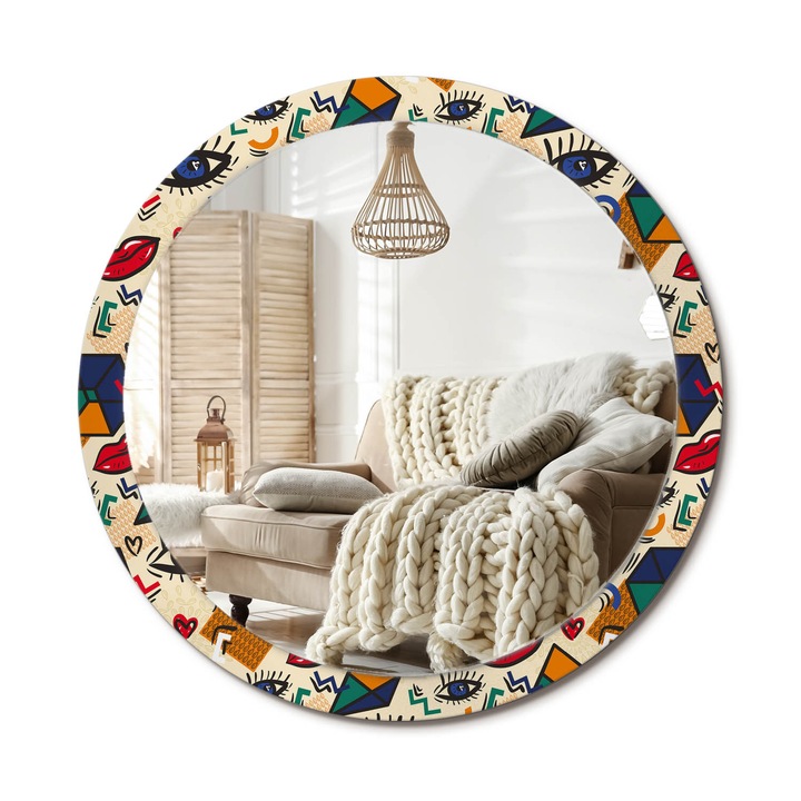 Kör Alakú Tükör Mintával, Decormat, Pop-Art Stílus, Többszínű, Ø100 cm, Stílusos Fali Dekoráció, 010090550130300072572