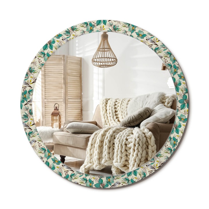 Kör Alakú Fali Tükör Nyomtatással, Decormat, Virágok És Madarak, Türkiz, Ø100 cm, Lakásdíszítő Fali Tükör, 010090550130300031217