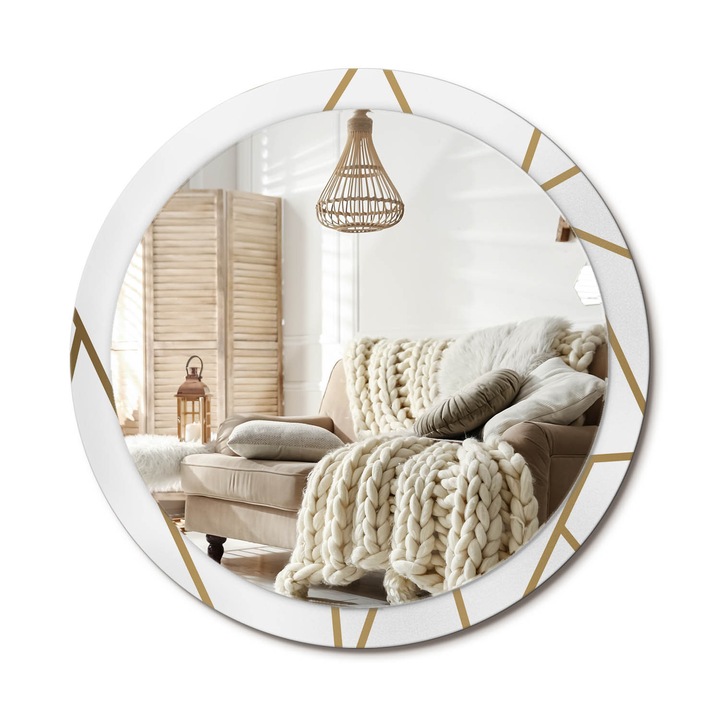 Kerek Tükör Grafikával, Decormat, Lineáris Kompozíció, Aranyszín, Ø100 cm, Sminkeléshez És Borotválkozáshoz, 010090550130300072587