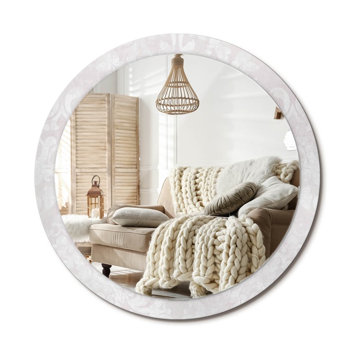 Kör Alakú Fali Tükör Nyomtatással, Decormat, Rokokó Textúra, Fehér, Ø100 cm, Lakásdíszítő Fali Tükör, 010090550130300072592