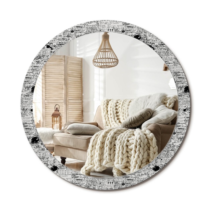 Kör Tükör Nyomtatott Mintával, Decormat, Firkák, Fekete és fehér, Ø100 cm, Fésülködőasztalhoz És Gardróbba, 010090550130300072606