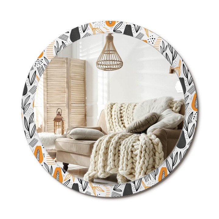 Kerek Fali Tükör Grafikával, Decormat, Papayák, Narancssárga, Ø100 cm, Különleges Kiegészítő Szobába, 010090550130300072599