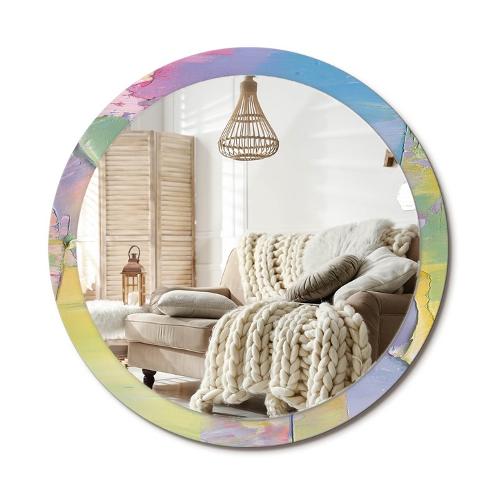 Kör Alakú Fali Tükör Nyomtatással, Decormat, Olajfesték Textúra, Többszínű, Ø100 cm, Lakásdíszítő Fali Tükör, 010090550130300072618