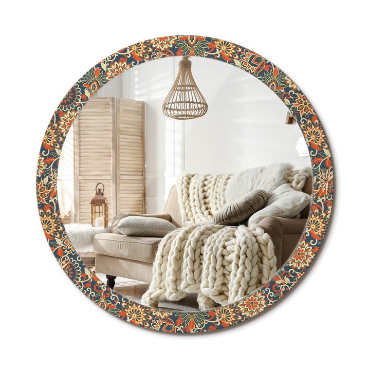 Kör Tükör Nyomtatott Mintával, Decormat, Retro Virágok, Narancssárga, Ø100 cm, Fésülködőasztalhoz És Gardróbba, 010090550130300072623