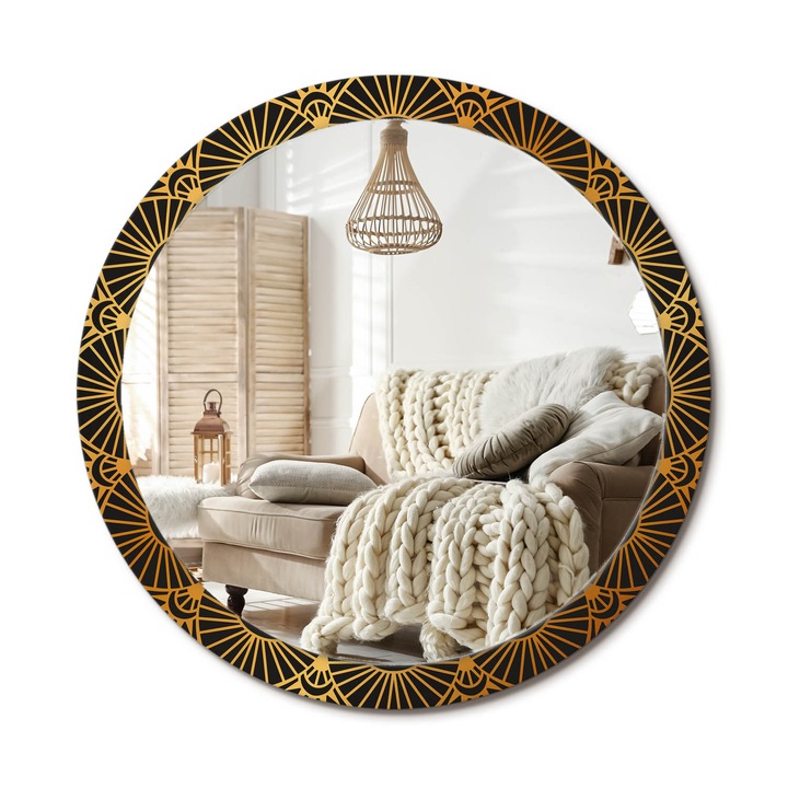 Kerek Tükör Kerettel És Nyomtatott Mintával, Decormat, Mandala, Fekete, Ø100 cm, Beltéri Dekorációs Elem, 010090550130300072609