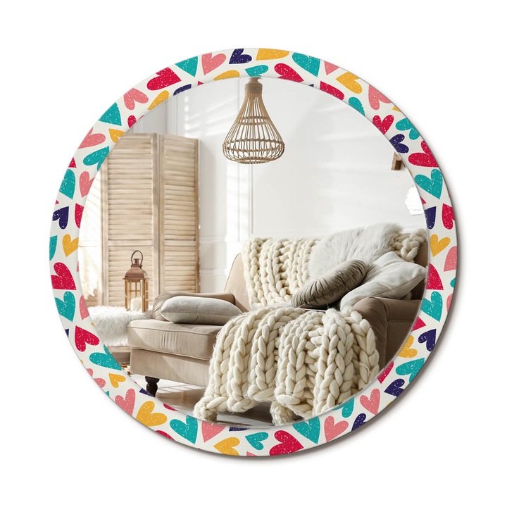 Kerek Tükör Nyomtatással, Decormat, Színes Szívek, Többszínű, Ø100 cm, Nappaliba És Szobába, 010090550130300072613