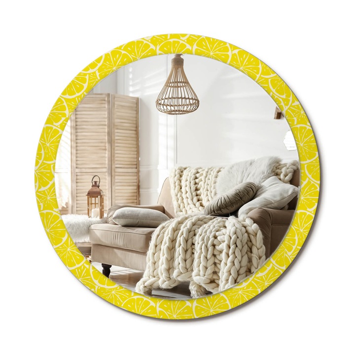 Kerek Tükör Nyomtatással, Decormat, Citrom, Sárga, Ø100 cm, Nappaliba És Szobába, 010090550130300072639