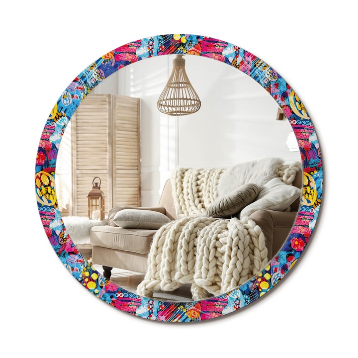 Kerek Tükör Nyomtatással, Decormat, Színes Firkák, Rózsaszín, Ø100 cm, Nappaliba És Szobába, 010090550130300072621